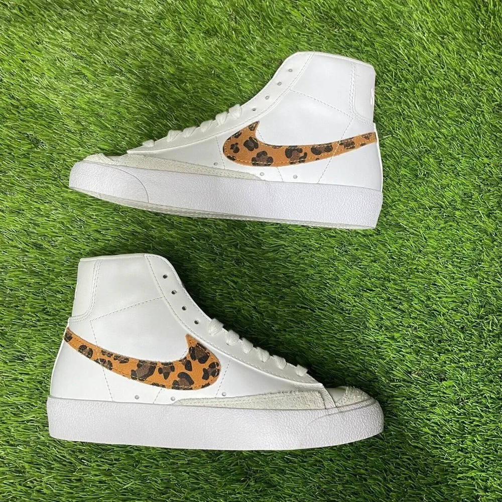 Nike Women’s White High-Top Sneakers with Leopard-Print Swoosh